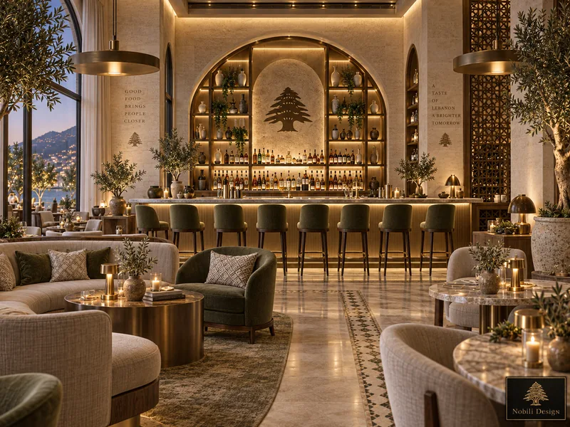 Lounge with curved cream sofa and olive armchairs facing a marble bar with eight stools and arched shelving