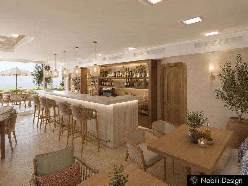 Restaurant bar interior design with a lit stone counter, rope stools and oak shelving