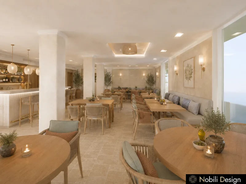 Mediterranean restaurant interior design with oak tables, woven armchairs and olive trees