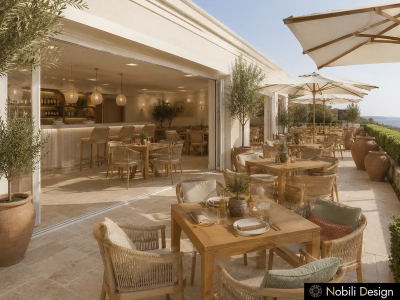 Restaurant terrace design with folding glass doors, oak tables, rope armchairs and sea views