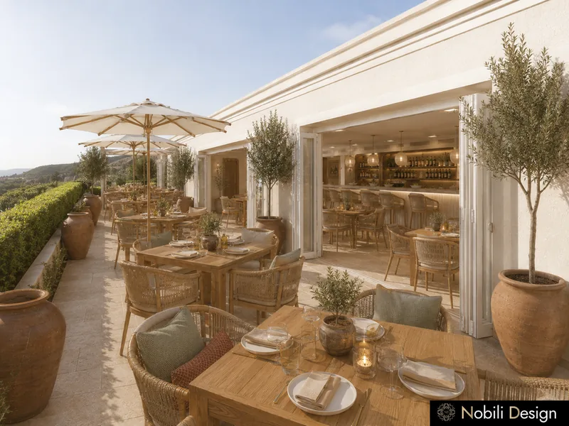 Sea-view restaurant terrace with olive trees in clay pots, oak tables, woven armchairs and white umbrellas