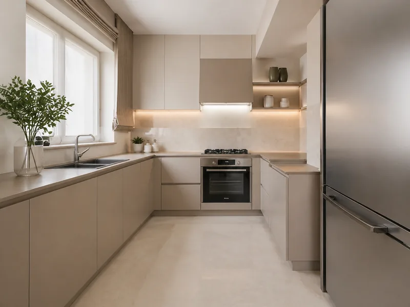 Modern L-shaped kitchen with taupe handleless cabinets, stone splashback and under-cabinet light