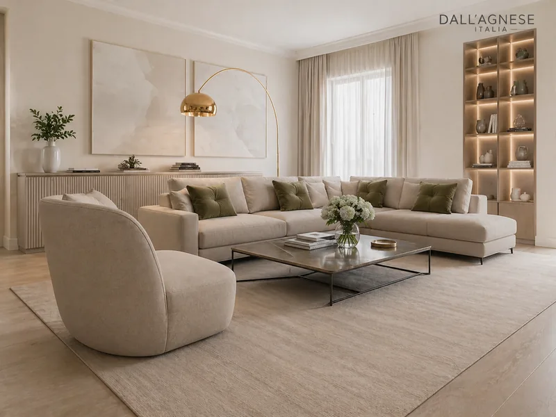 Modern living room with Dall'Agnese beige corner sofa, curved armchair and ceramic-top coffee table