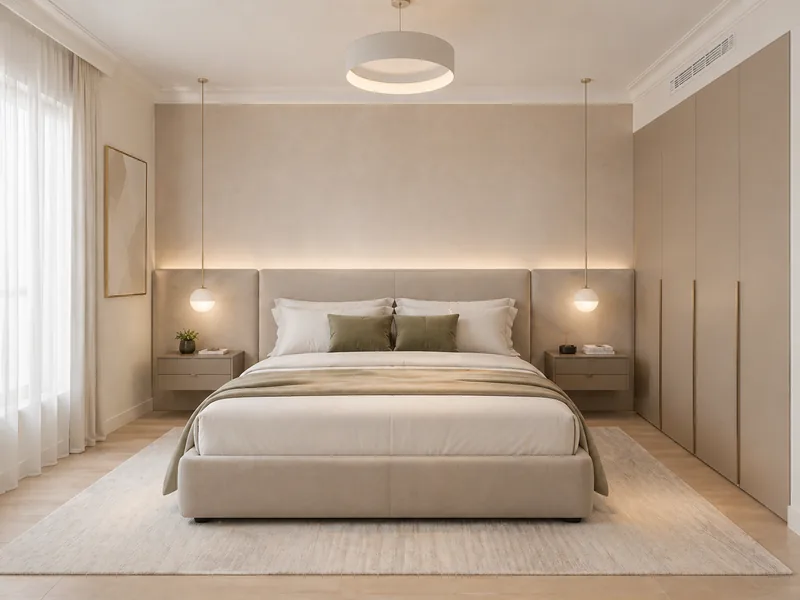 Modern master bedroom with beige upholstered bed, olive cushions, lit headboard wall and taupe wardrobes