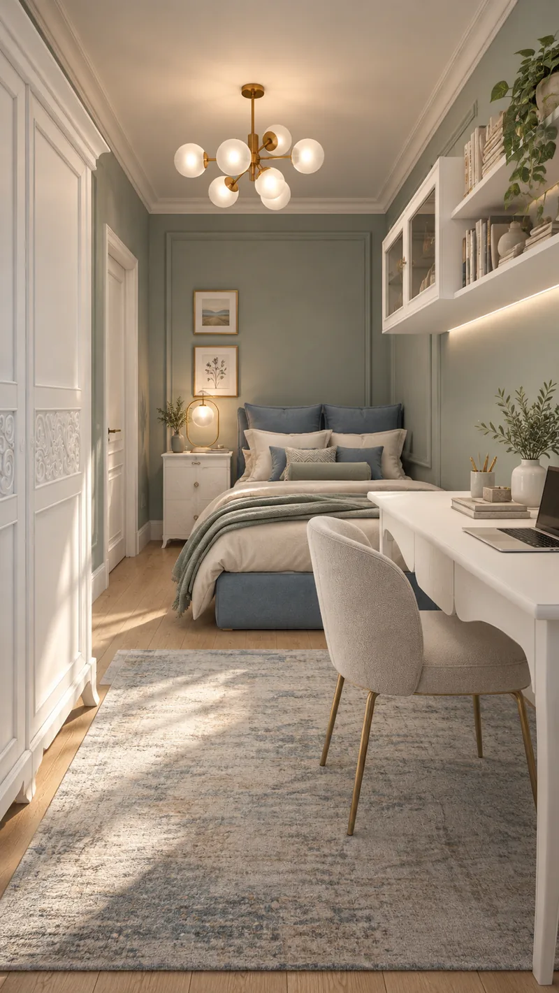 Child's bedroom with blue upholstered bed, white nightstand, sage panelled walls, desk and globe chandelier