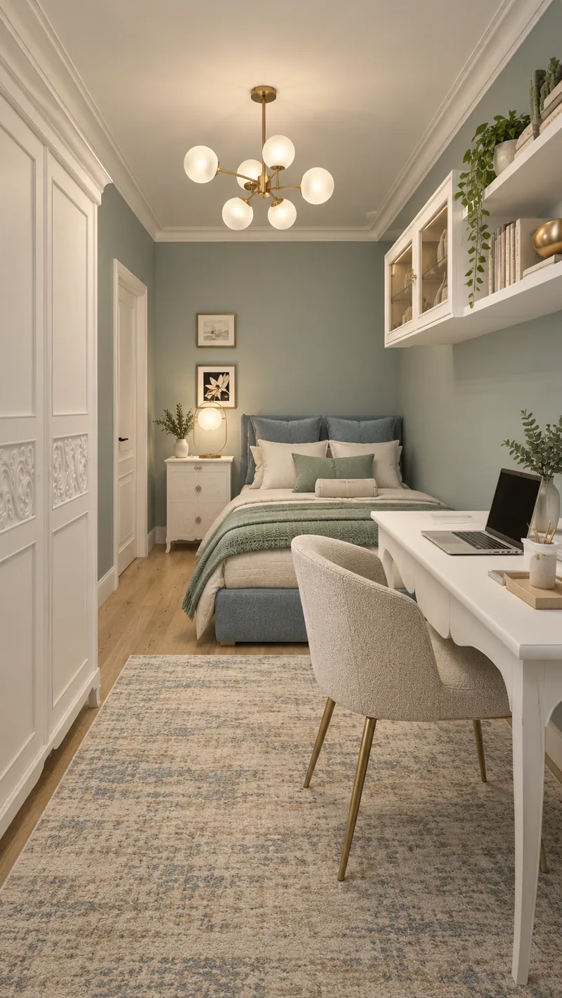 Child's bedroom with blue bed and sage throw, framed prints, white desk with boucle chair and glazed wall cabinet
