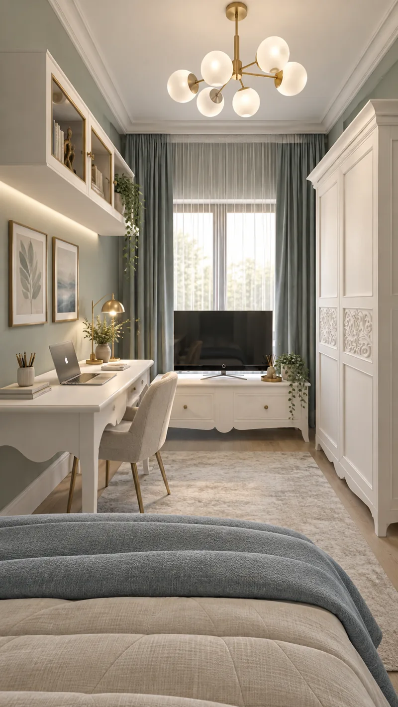 Child's bedroom with sage walls, white scalloped desk, boucle chair, glazed wall cabinets, TV console and carved wardrobe