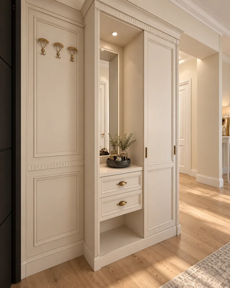 Entrance hall with built-in ivory unit, brass coat hooks, mirrored niche with drawers and a tall cupboard