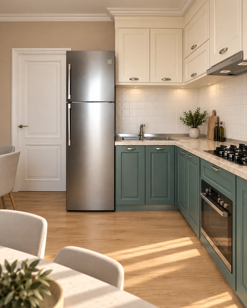 Kitchen with petrol-green shaker base units, cream wall cabinets, beige stone worktop and stainless steel fridge