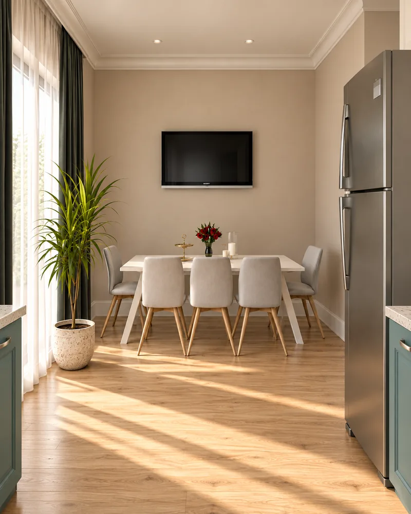 Kitchen dining corner with white trestle table, light grey upholstered chairs, wall-mounted TV and potted palm