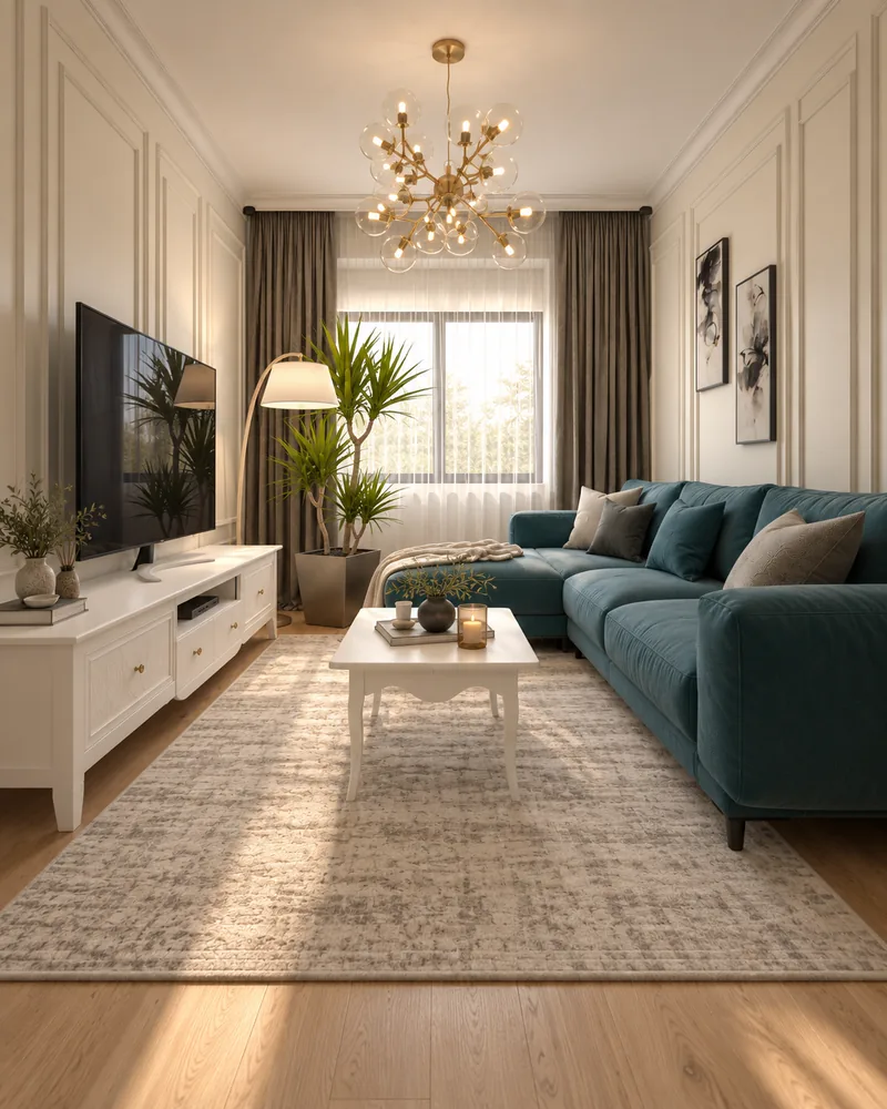Living room with petrol velvet corner sofa, white carved coffee table, white TV unit and glass bubble chandelier