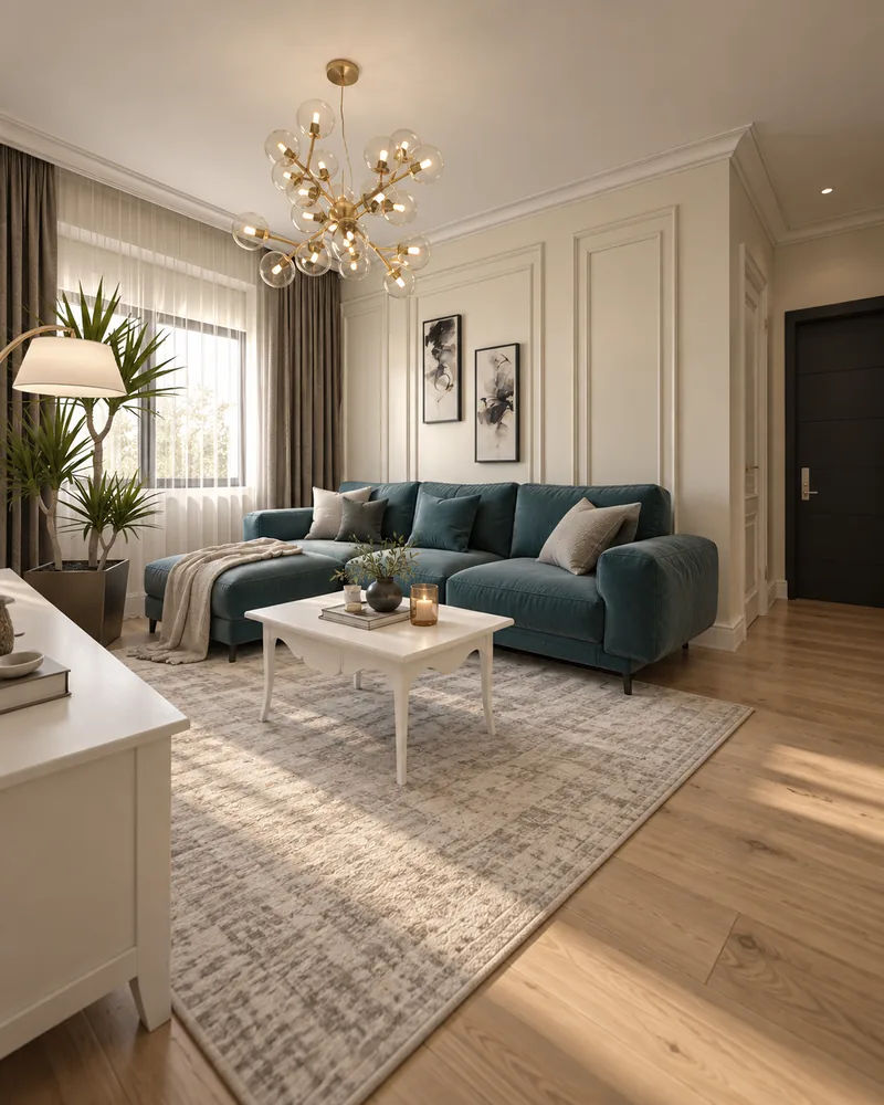 Living room with petrol velvet sectional, carved white coffee table, moulded ivory walls and two abstract prints