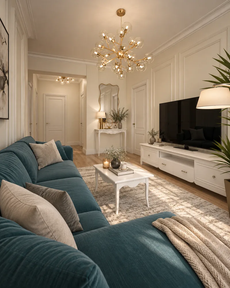 Living room seen from the petrol sofa toward the white TV console and a hallway console with arched mirror