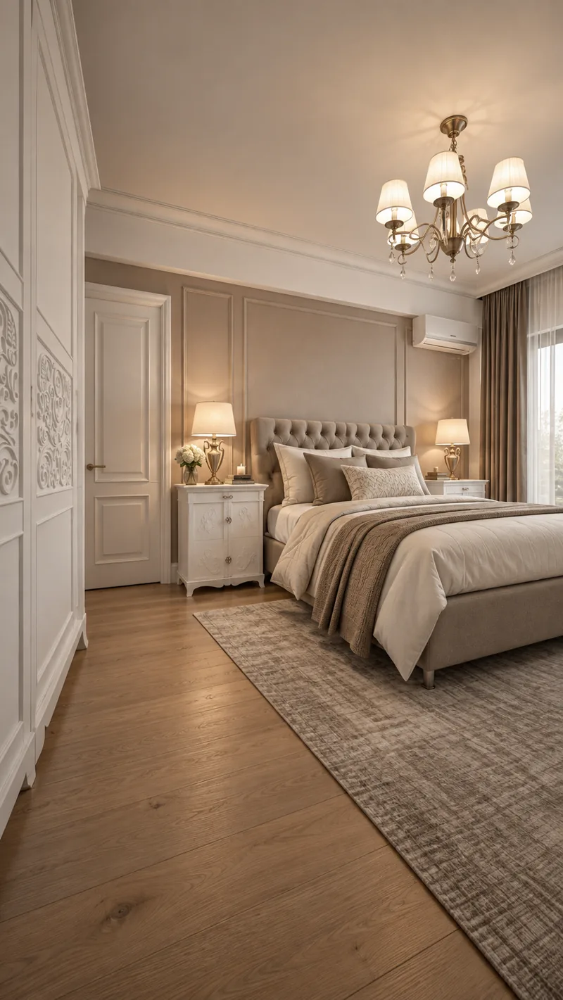Master bedroom with tufted taupe bed, white carved nightstands, brass lamps, carved wardrobe and grey textured rug