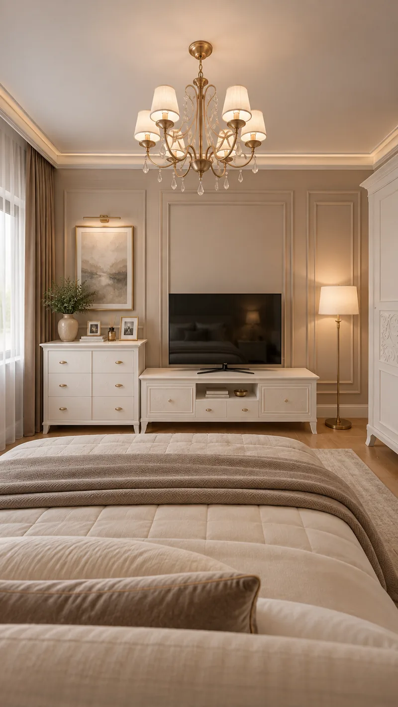 Master bedroom TV wall with white chest of drawers, white console, moulded taupe panels and shaded crystal chandelier