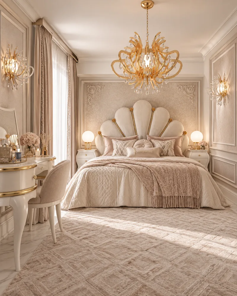 Bedroom with shell headboard trimmed in gold, fringed blush throw, white nightstands, wall sconces and textured rug