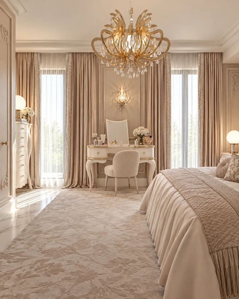 Bedroom dressing table between two tall windows with blush curtains, white chest of drawers and floral carved rug