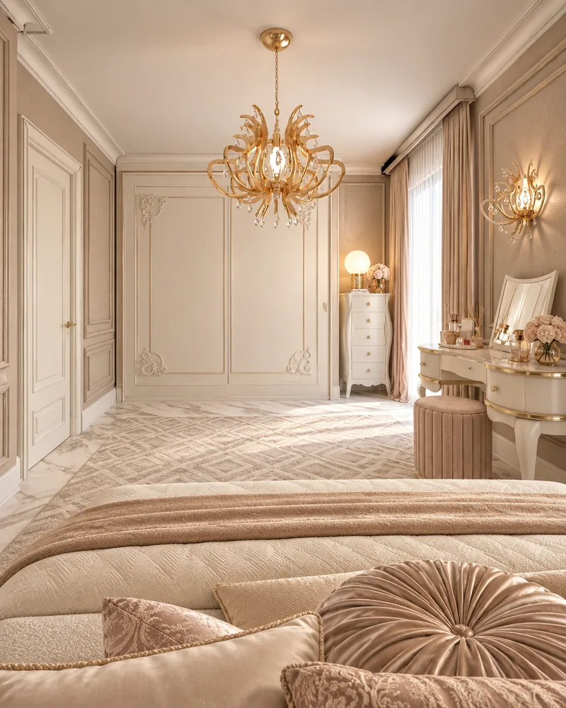 Bedroom view from the bed to a moulded ivory wardrobe, tall white chest, dressing table and gold sculptural chandelier