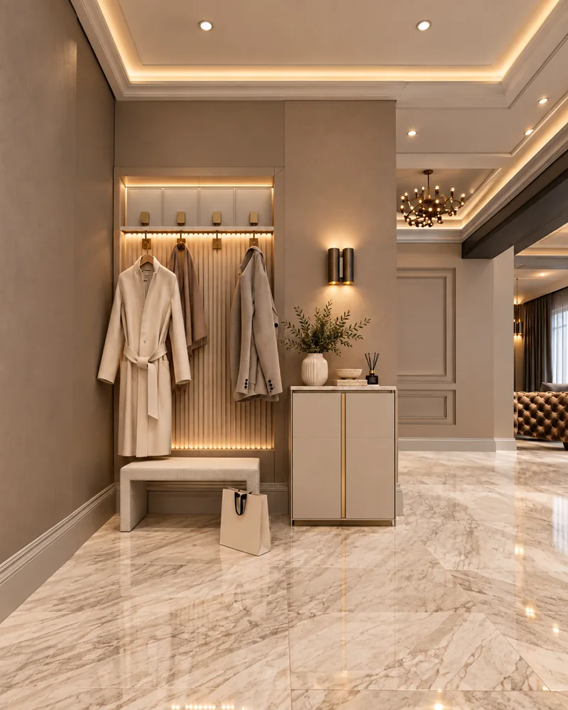 Entrance hall with backlit fluted coat wall, brass hooks, upholstered bench and a two-door shoe cabinet