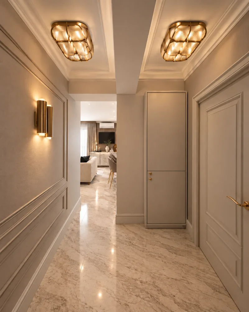 Hallway with taupe panelled walls, brass cylinder sconces, two brass ceiling lights and a tall built-in cabinet