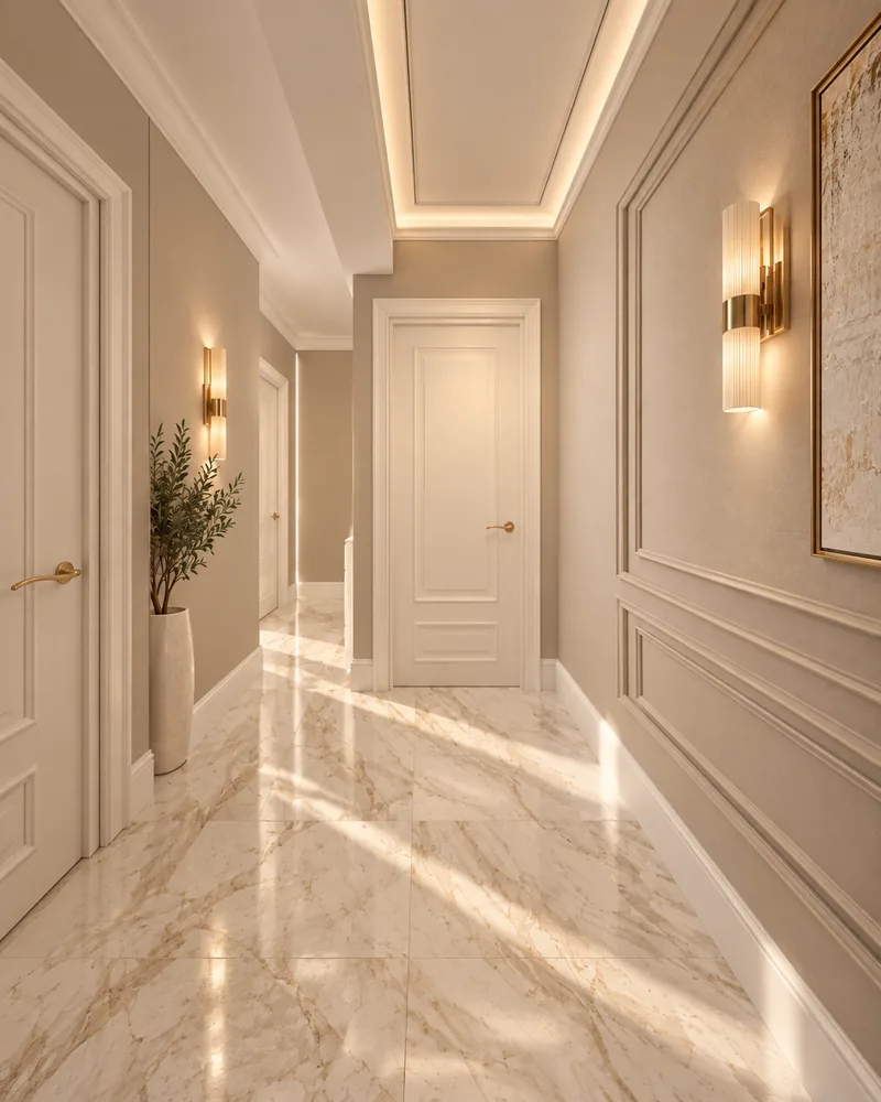 Hallway with cream-veined marble floor, taupe moulded walls, fluted glass sconces and white panelled doors