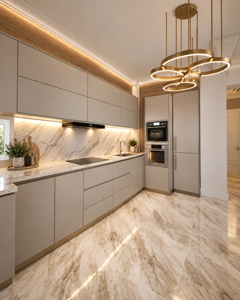 Kitchen run with greige flat-front units, veined marble worktop and splashback, built-in ovens and brass ring pendant