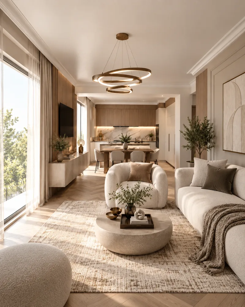 Living room with herringbone oak floor, boucle sofa and armchair, round stone coffee table and triple-ring pendant