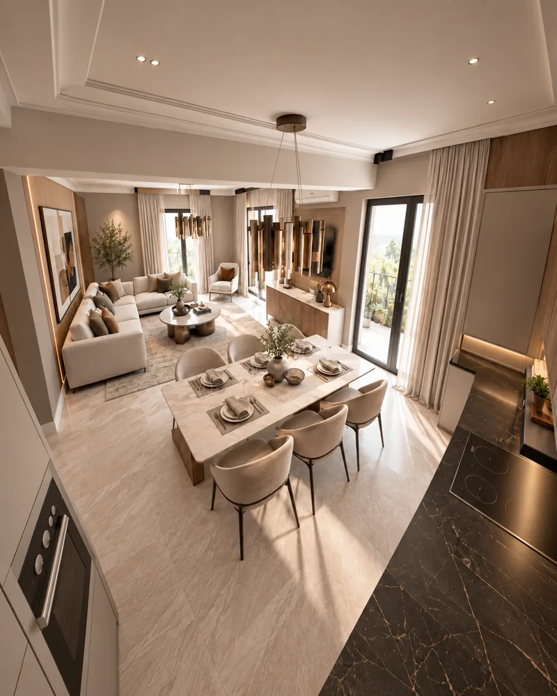 Open-plan living area seen from above, with stone-top dining table, gold tube chandelier, L-shaped sofa and balcony doors
