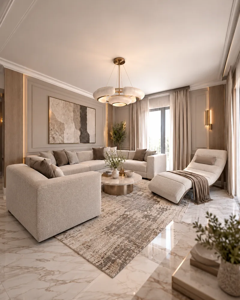 Living room with L-shaped boucle sectional, upholstered chaise, round marble coffee table and alabaster pendant