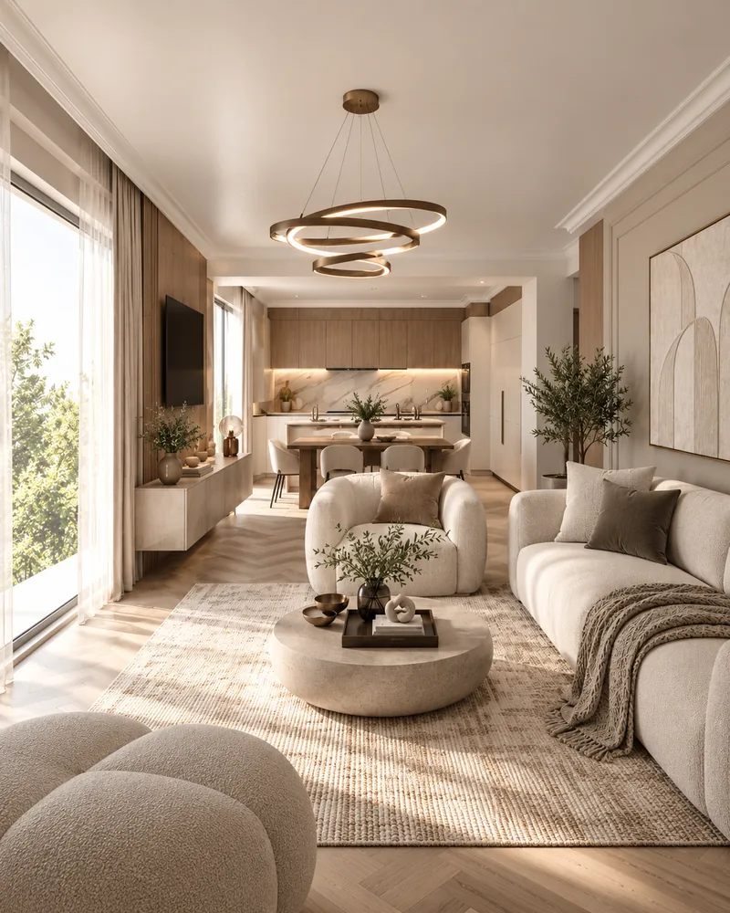 Living room seen past a boucle pouf toward the floating TV console, open kitchen and oak-and-marble cabinetry