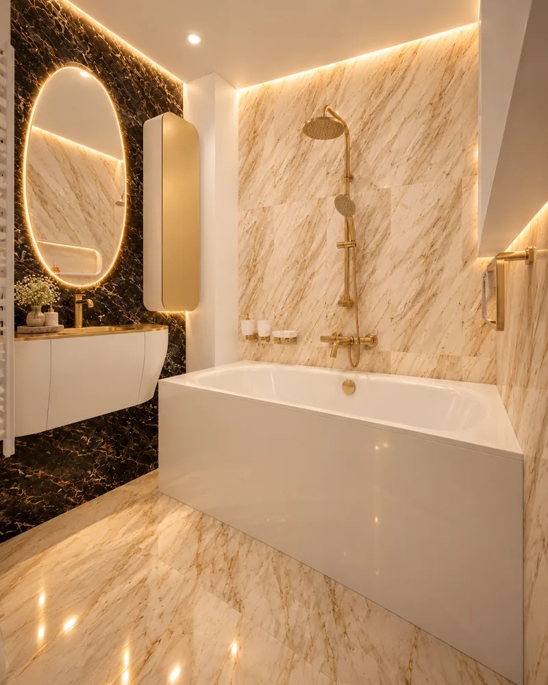 Bathroom with oval backlit mirror on black marble, curved white floating vanity, gold tall cabinet and panelled bathtub