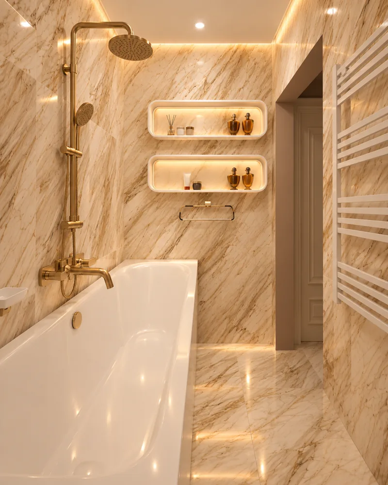 Bathroom bathtub wall with gold-veined beige marble, two backlit rounded wall niches and brushed-gold shower set