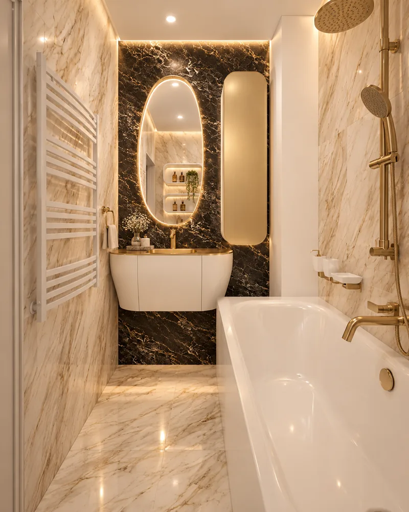 Narrow bathroom with bathtub, white towel radiator, oval lit mirror over a curved vanity and a gold capsule cabinet