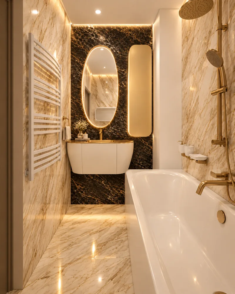 Bathroom seen past the tub to a black marble feature wall with oval mirror, gold-top vanity and white towel radiator