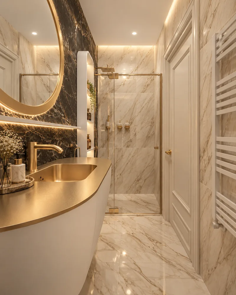 Shower room with curved white vanity and brushed-gold basin top, round backlit mirror and frameless glass shower