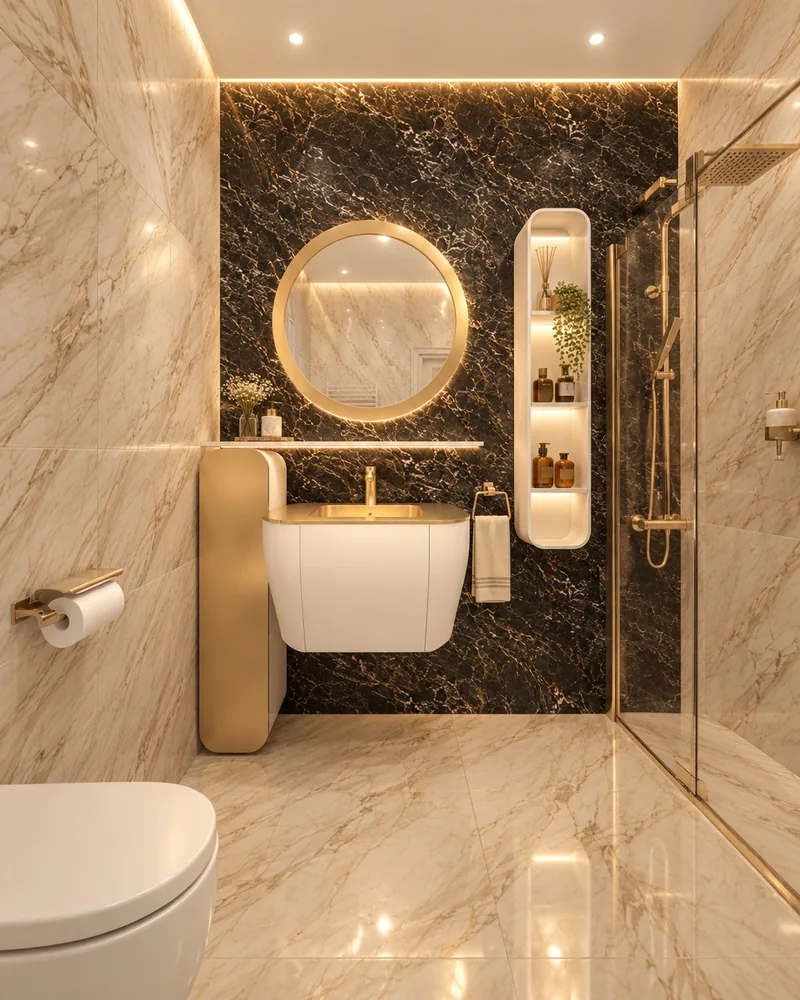 Shower room with round gold-framed mirror on black marble, wall-hung basin unit, lit capsule shelf and glass shower