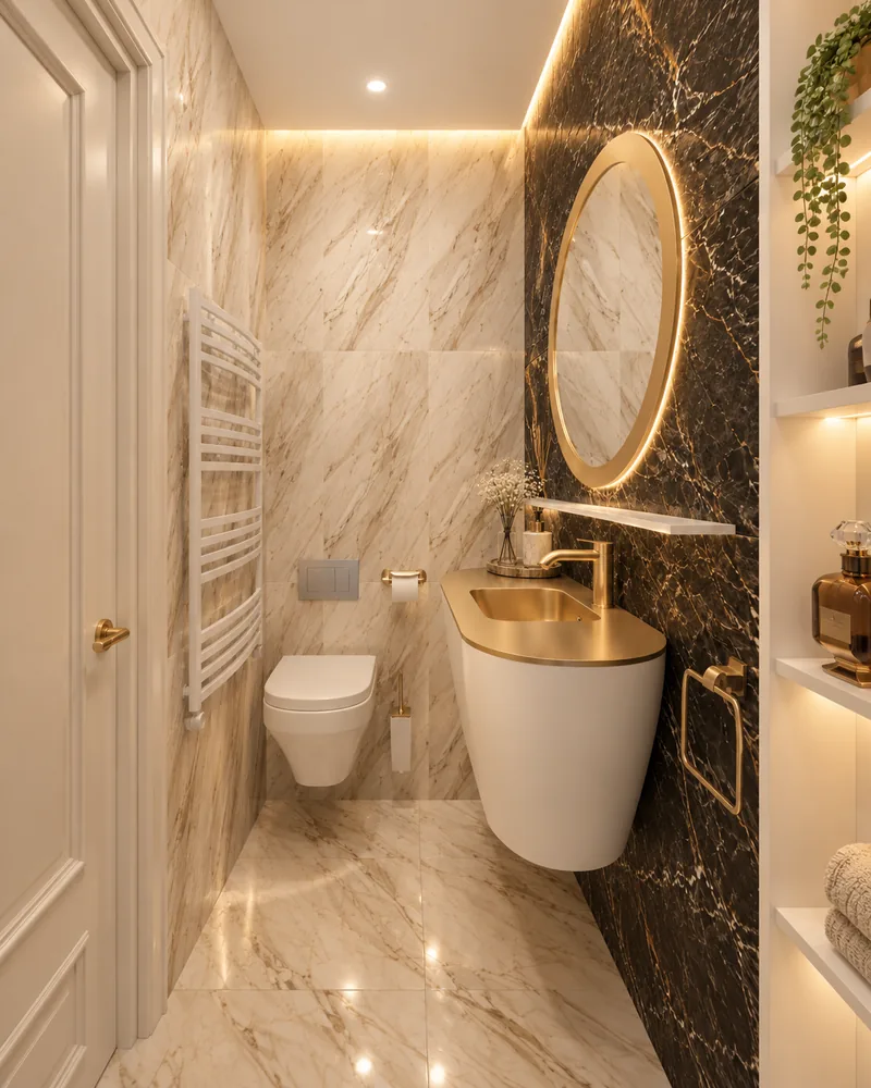 Shower room toilet corner with wall-hung WC, white towel radiator, gold-topped basin and round backlit mirror