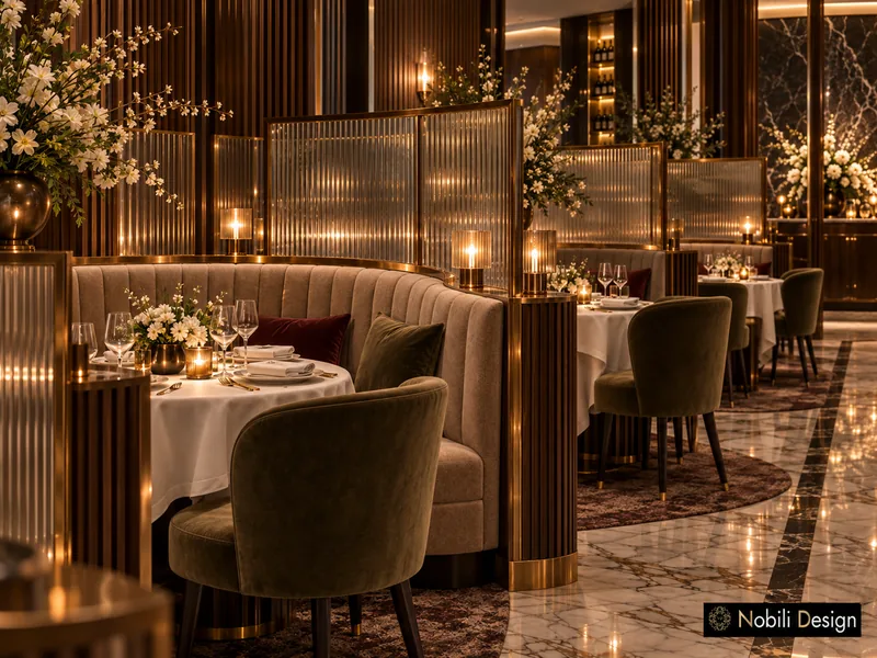 Curved velvet booth behind a fluted glass screen with an olive velvet chair and a round table in white linen