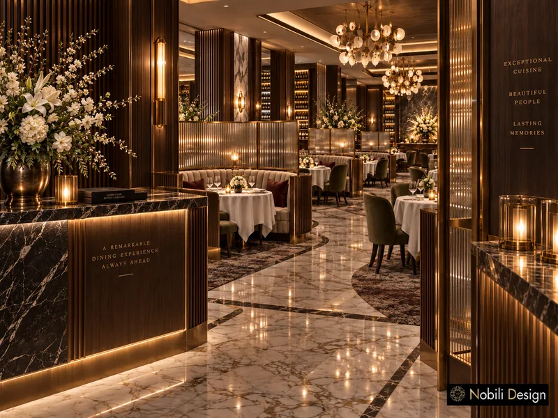 Modern French restaurant host stand in black marble with lit walnut front, brass trim and white flowers