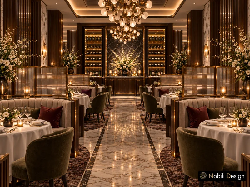 Marble aisle between curved booths leading to lit walnut wine cabinets and a black marble wall