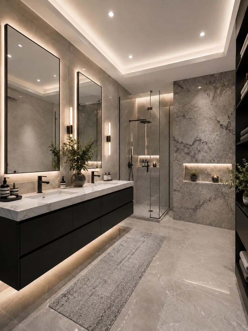 Modern bathroom with floating black vanity, two mirrors and a glass shower in grey veined marble