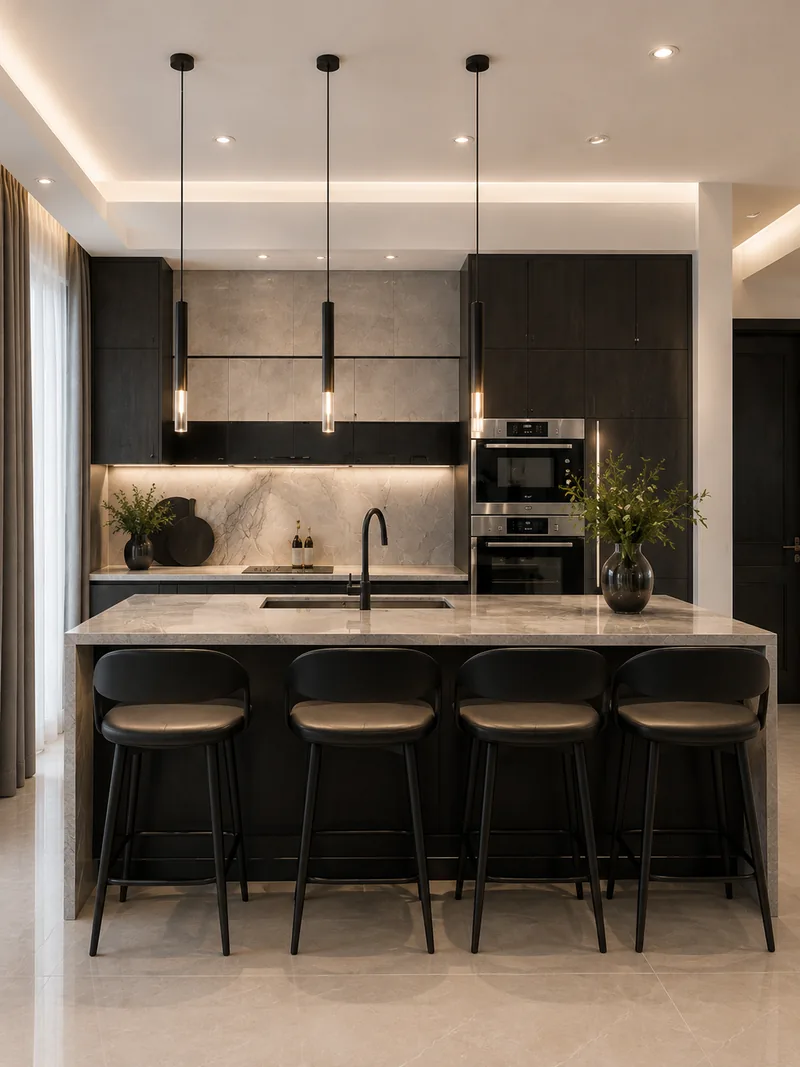 Modern kitchen with black cabinets, grey marble island, four black bar stools and slim pendants