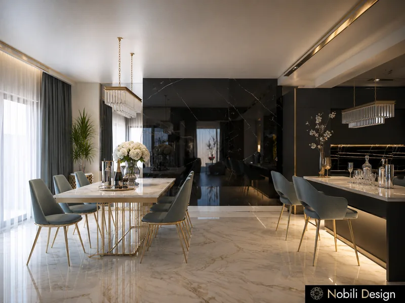 Dining room with gold-base marble table, black lacquer wall units and a crystal pendant over the table
