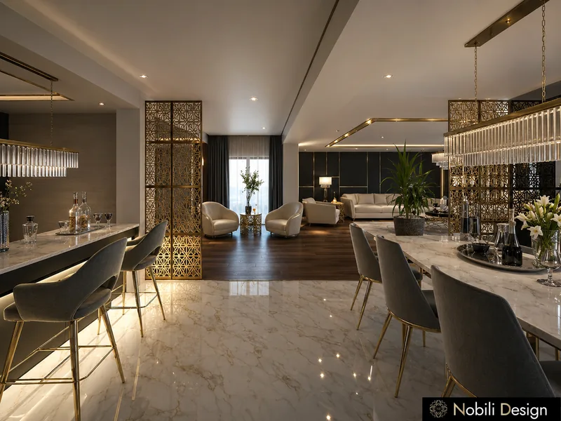 Modern house open kitchen bar in black lacquer with marble top, grey chairs and a brass lattice screen
