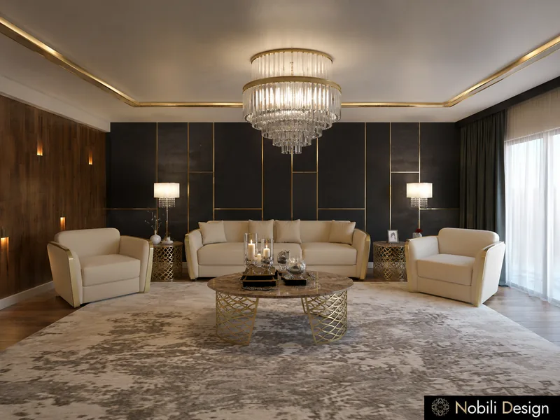 Living room with cream sofa and armchairs, black panelled wall, walnut wall and a crystal chandelier