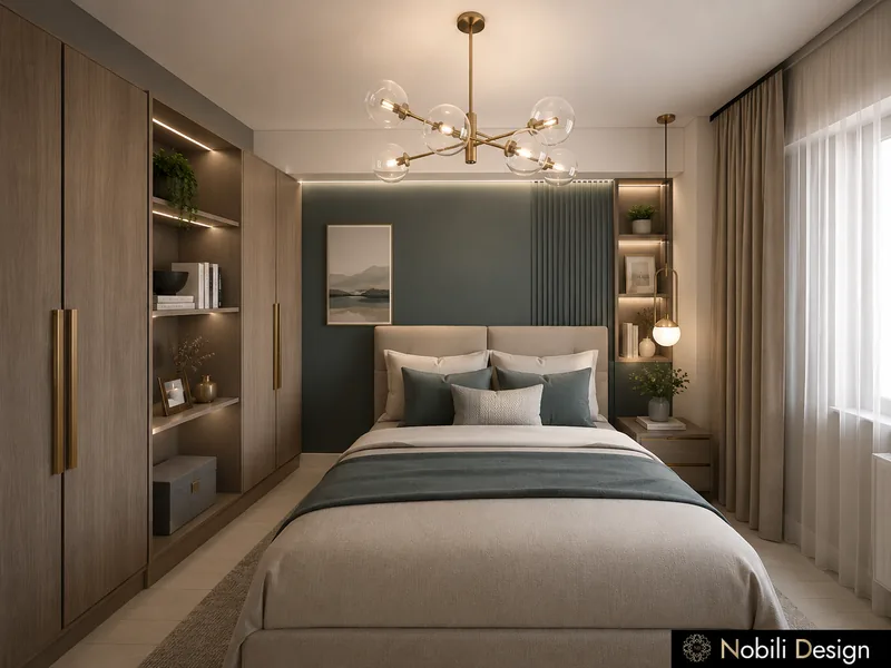 Modern bedroom with slate blue headboard wall, wood wardrobe with lit open shelves and glass chandelier