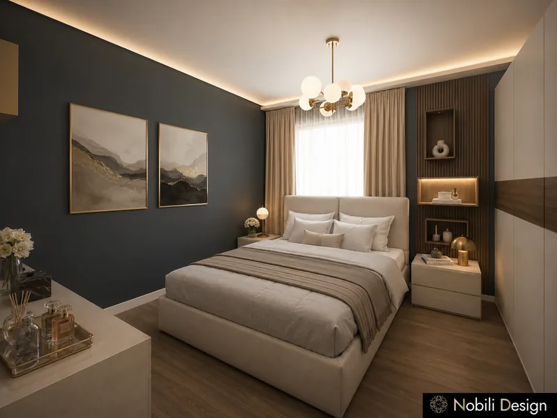Modern bedroom with navy accent wall, landscape prints, upholstered bed and lit wood niches