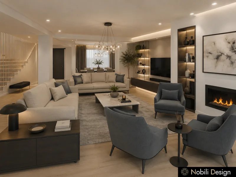 Open-plan living room seen from the staircase, with fireplace wall, lit niches and grey armchairs