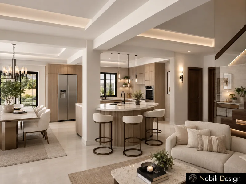 Open-plan ground floor with kitchen bar, dining table, cream sofa and a floating staircase behind