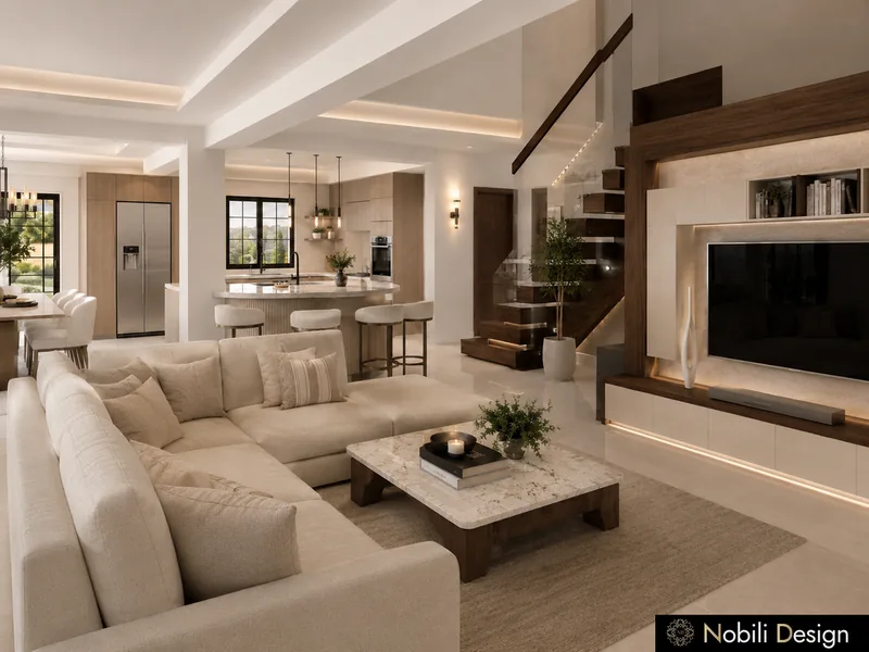 Living room with cream sectional, marble coffee table, lit TV wall and a floating wood staircase